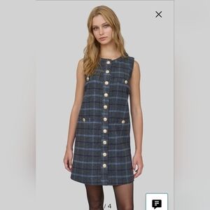 Sleeveless Gray Plaid Mini Dress with Blue Windowpane and Gold Buttons